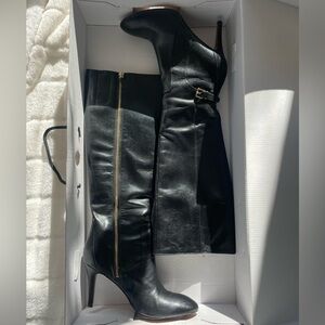 Nine West Black Leather Boots with Gold Zipper and Original box